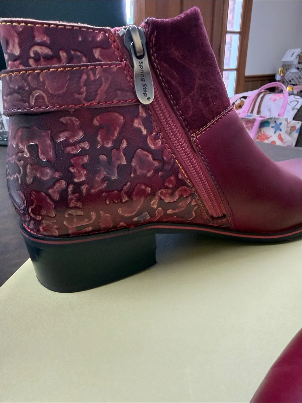 L'ATISTE Burgundy Leather & Suede Ankle Booties with Decorative Buckle